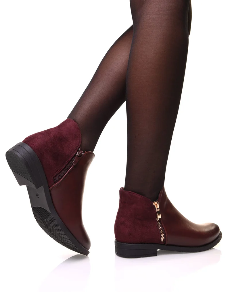Bottines bordeaux bi matières basses