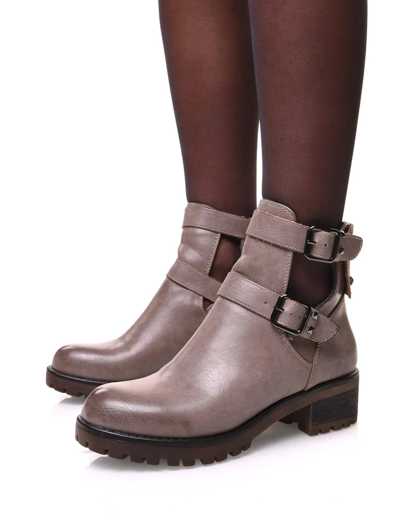 Bottines taupes ajourées à sangles