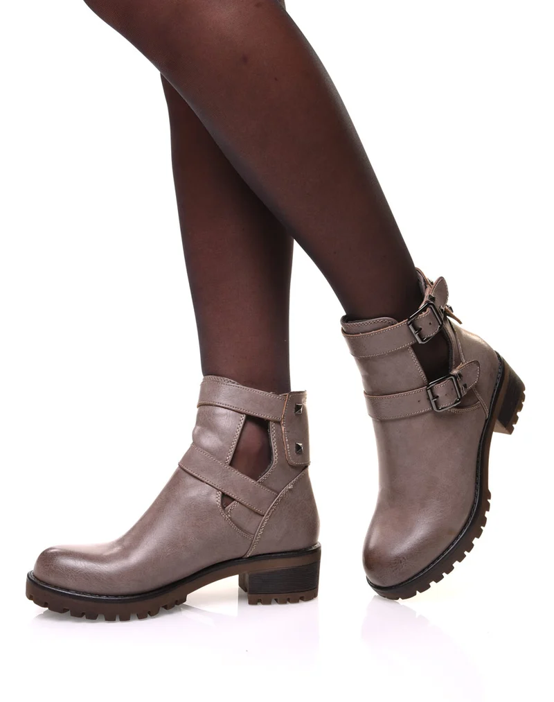 Bottines taupes ajourées à sangles