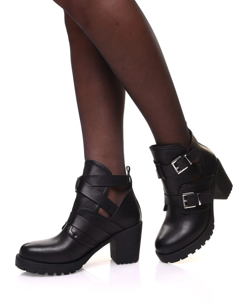 Bottines ajourées noires a sangles multiples et talons