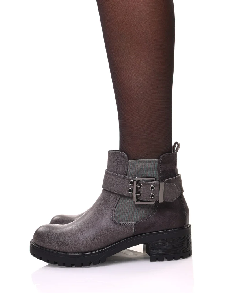 Bottines bi-matières grises à semelle crantée