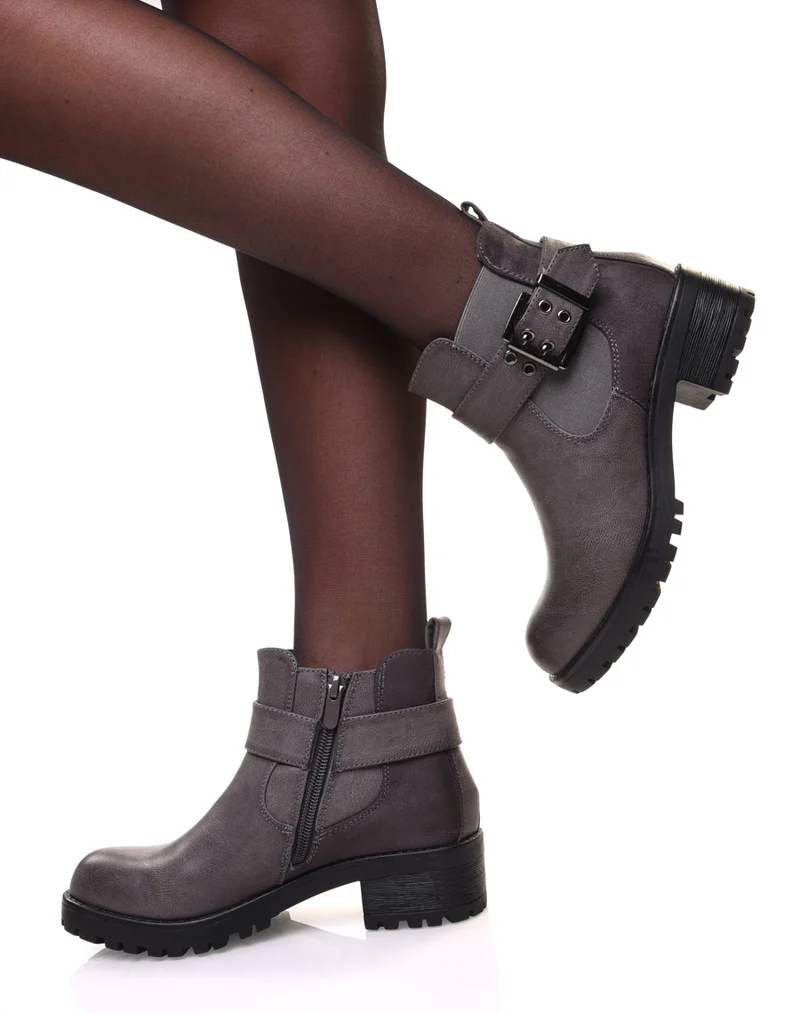 Bottines bi-matières grises à semelle crantée