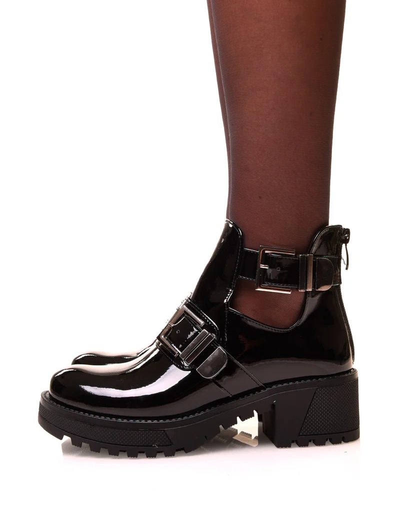 Bottines noires vernies à doubles brides