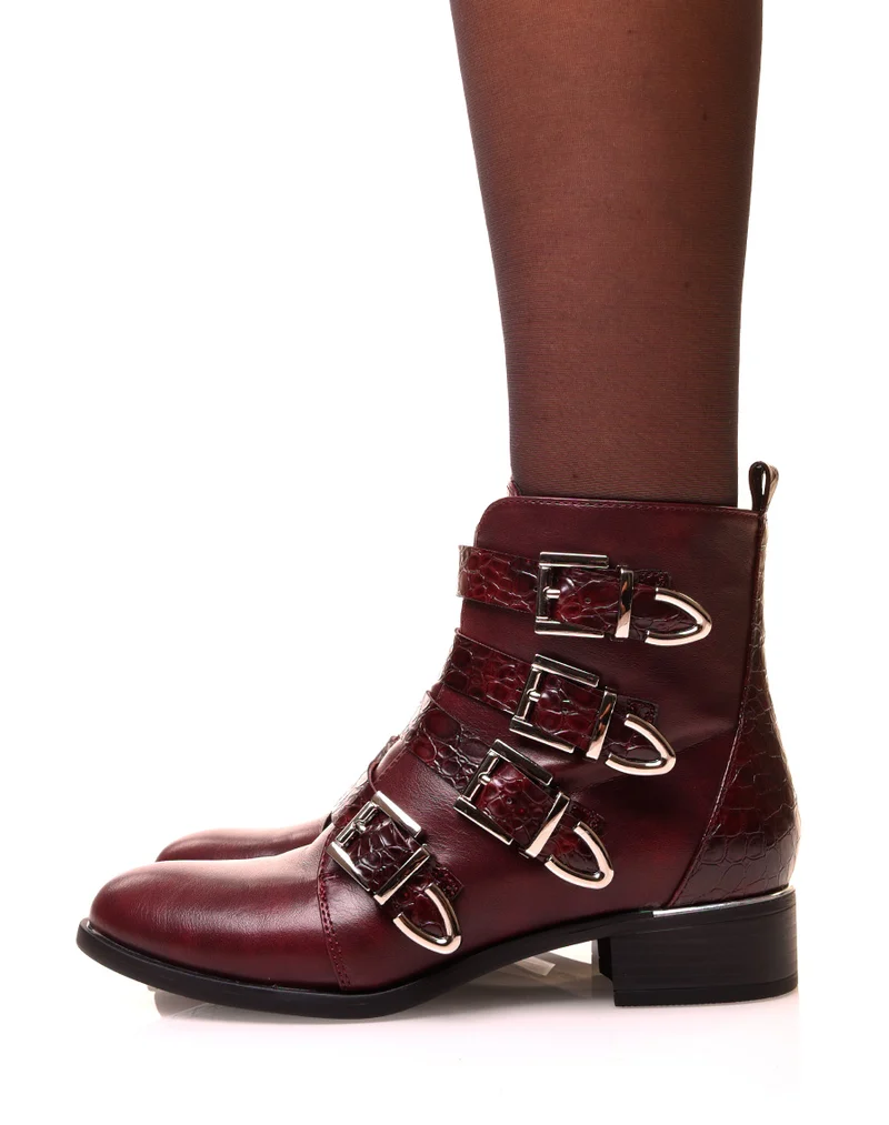 Bottines bordeaux à multiples brides effet croco