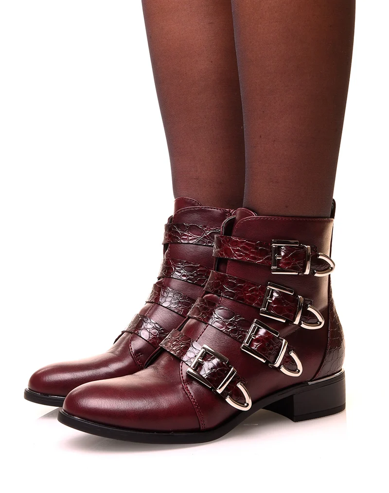 Bottines bordeaux à multiples brides effet croco