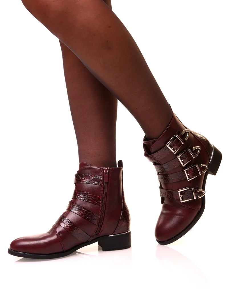 Bottines bordeaux à multiples brides effet croco