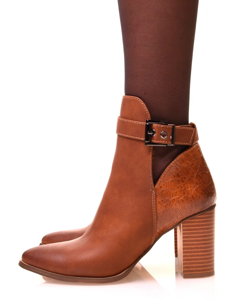 Bottines camel à talons et à bouts pointus bi-matières