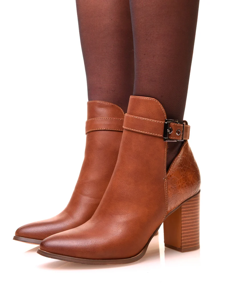 Bottines camel à talons et à bouts pointus bi-matières