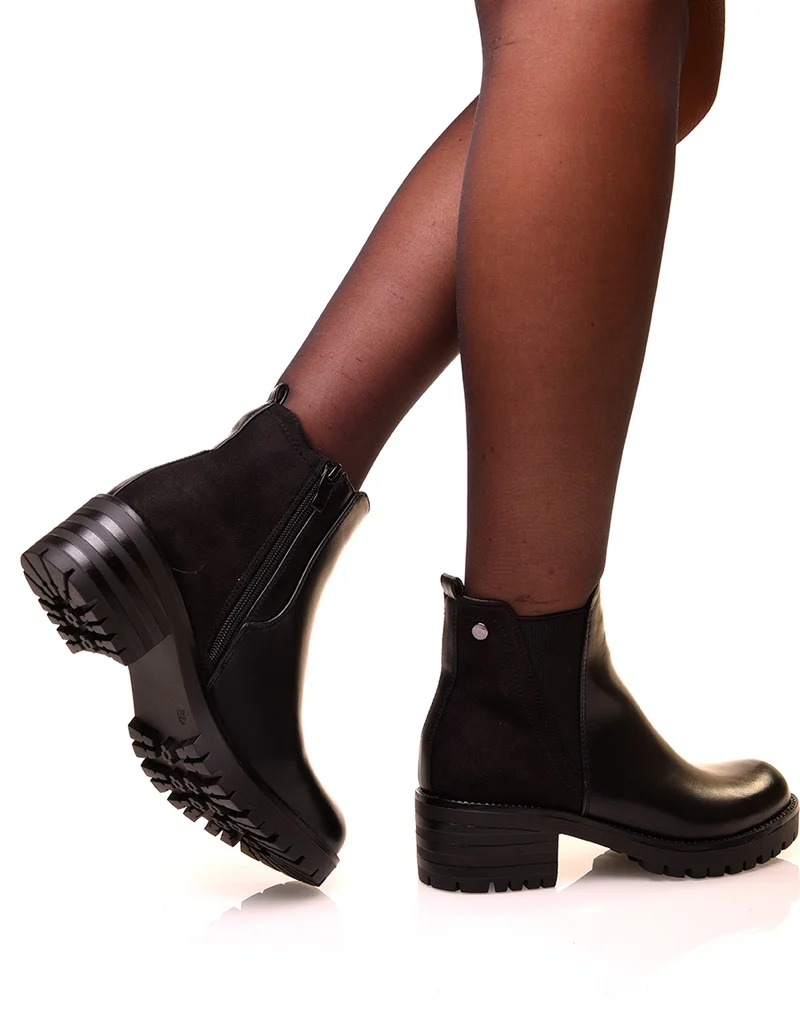 Bottines noires bi-matières effet suédine et élastique échancré