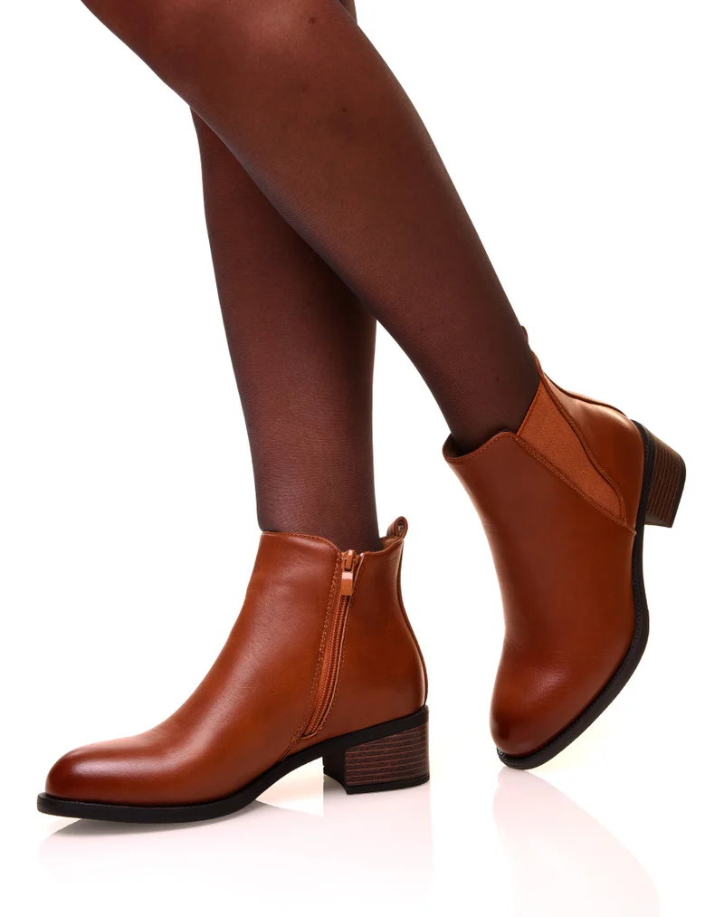 Bottines camel bi-matières à semelles crantées