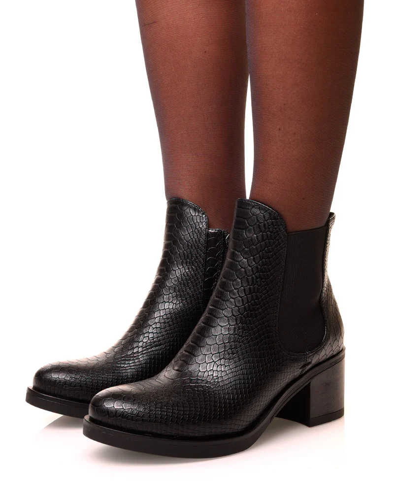 Bottines noires effet croco