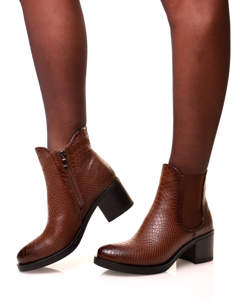 Bottines marrons effet croco