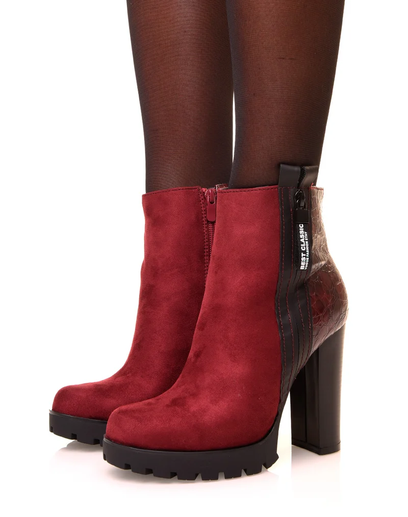 Bottines bordeaux à talons hauts bi matières