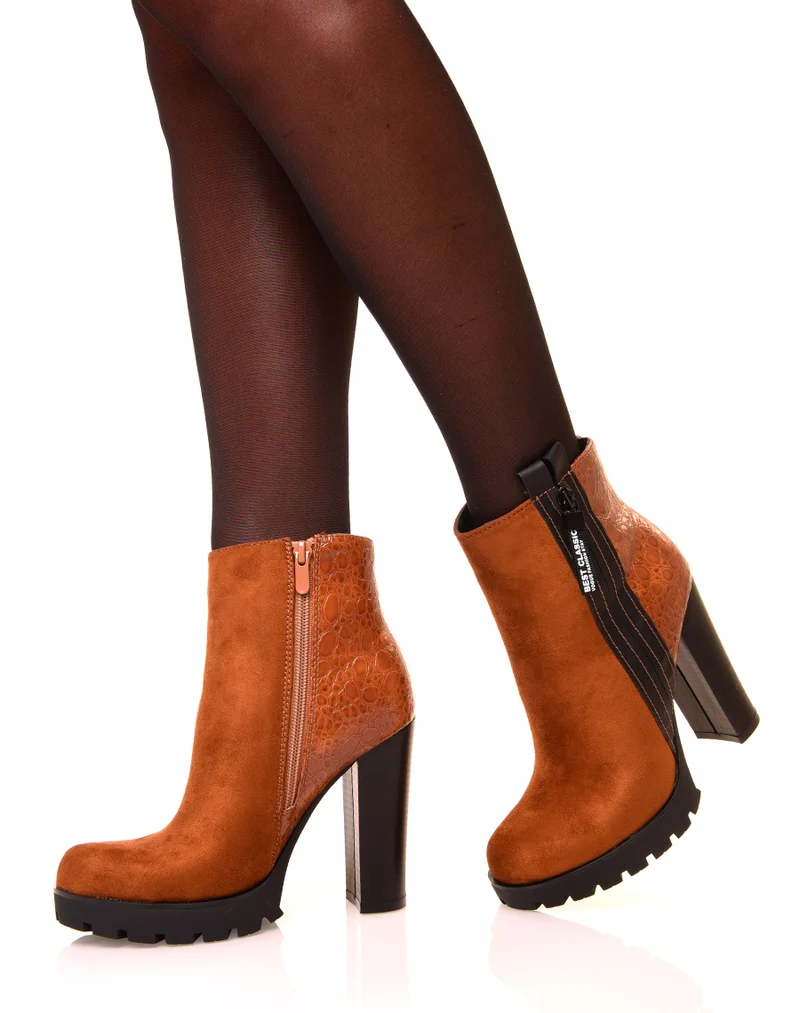 Bottines camelles à talons hauts bi matières