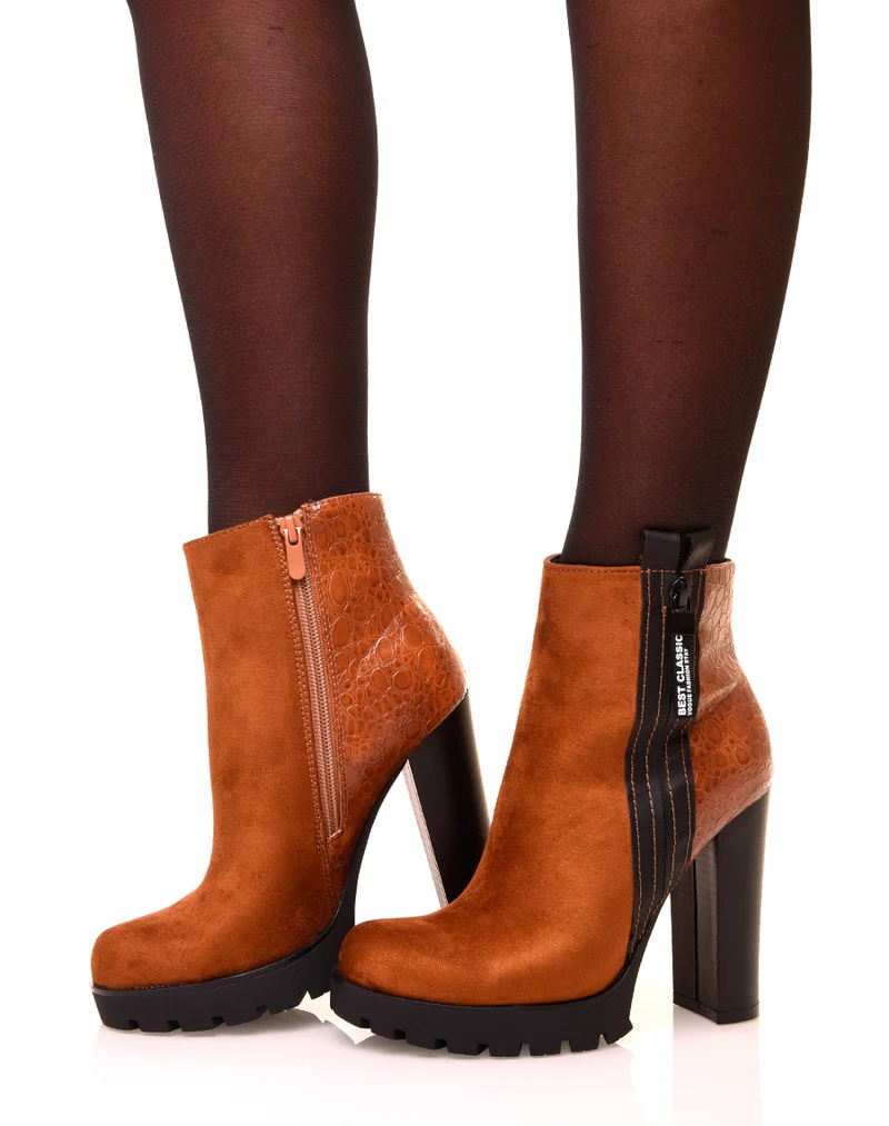 Bottines camelles à talons hauts bi matières