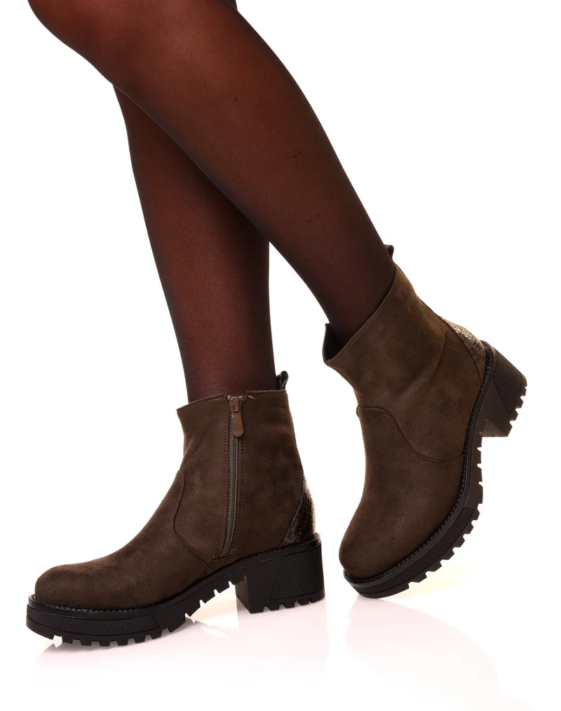 Bottines kaki en suédine à talon épais