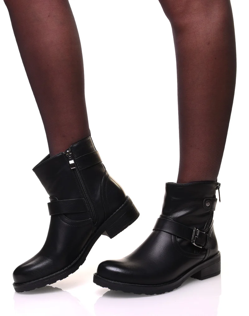 Bottines noires à sangles et fermetures éclaires