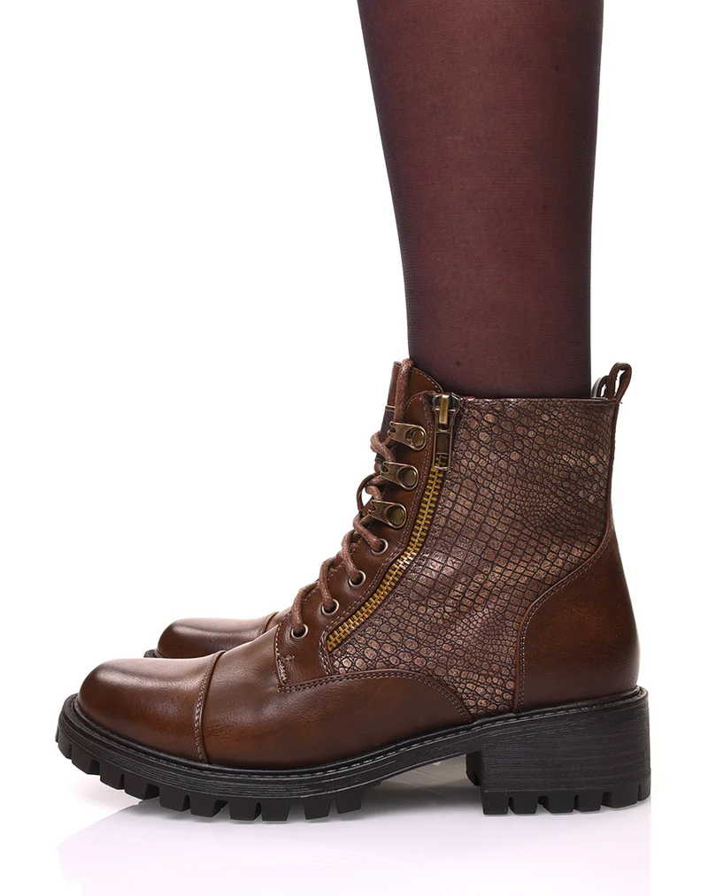Bottines montantes marrons à lacets et effet croco doré