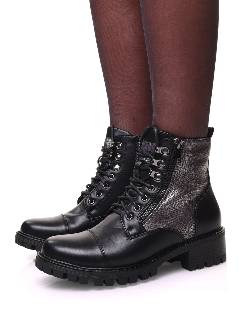 Bottines montantes noires à lacets et effet croco argenté