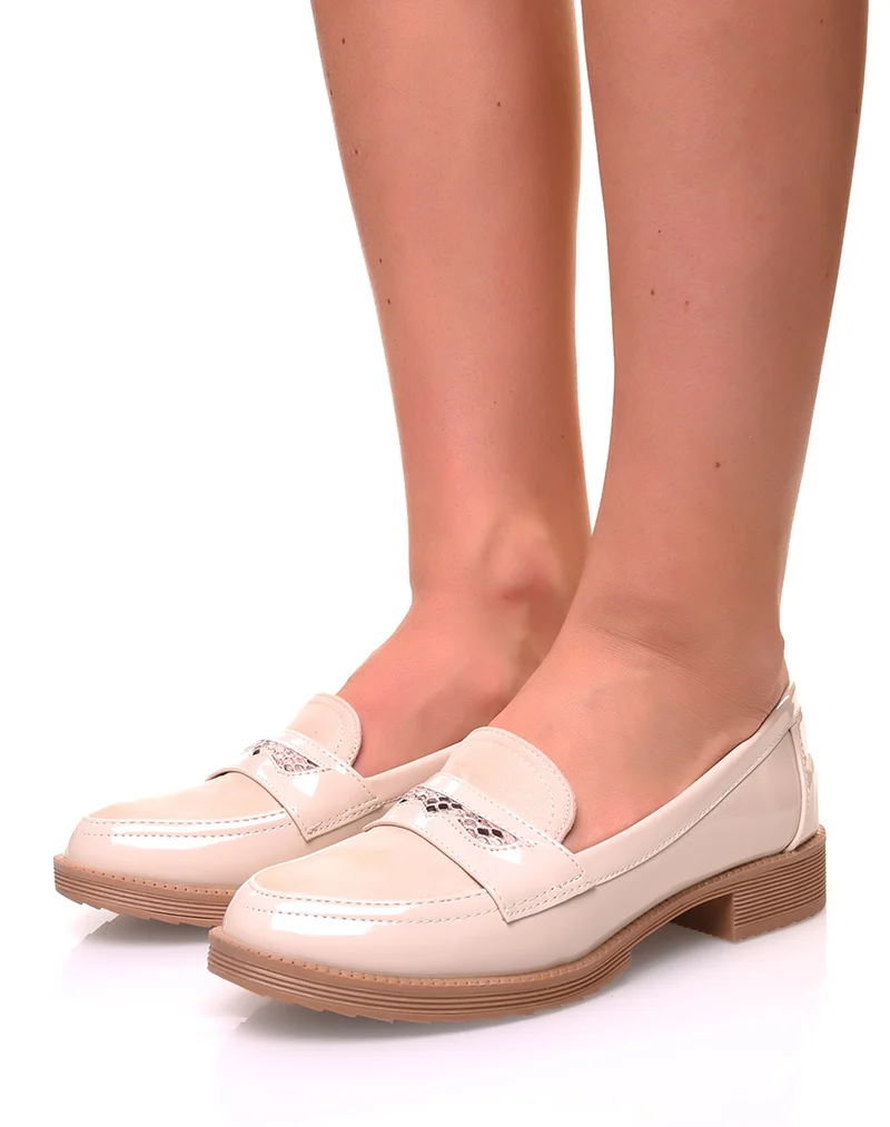 Mocassins beiges bi-matières détails python et résille