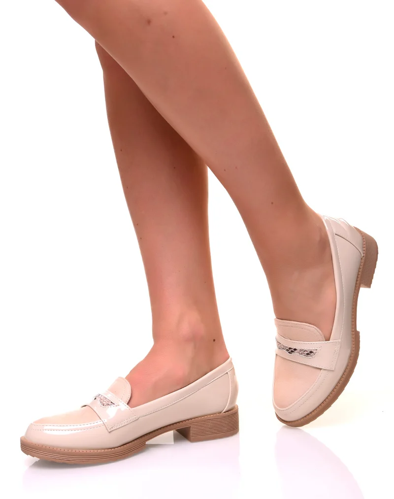 Mocassins beiges bi-matières détails python et résille