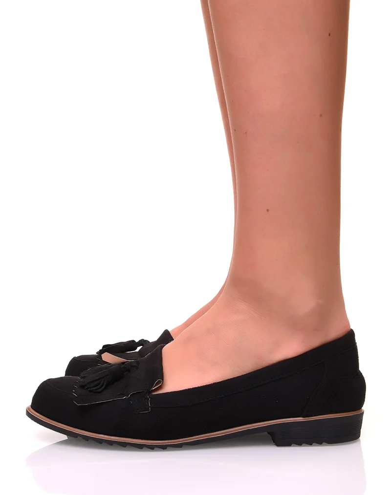 Mocassins à franges et pompons en suédine noire