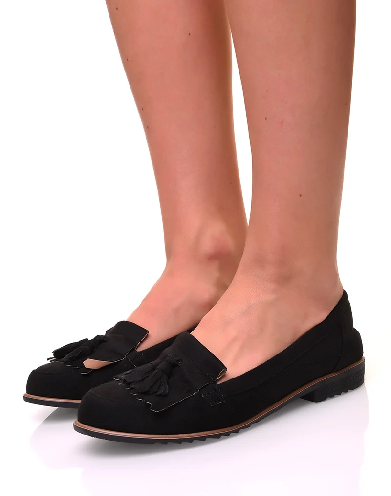 Mocassins à franges et pompons en suédine noire