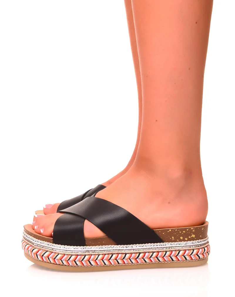 Mules noires à doubles brides croisées et semelles tressées