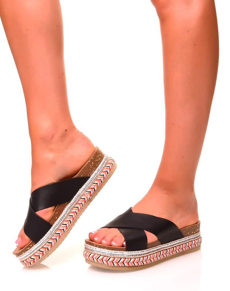 Mules noires à doubles brides croisées et semelles tressées