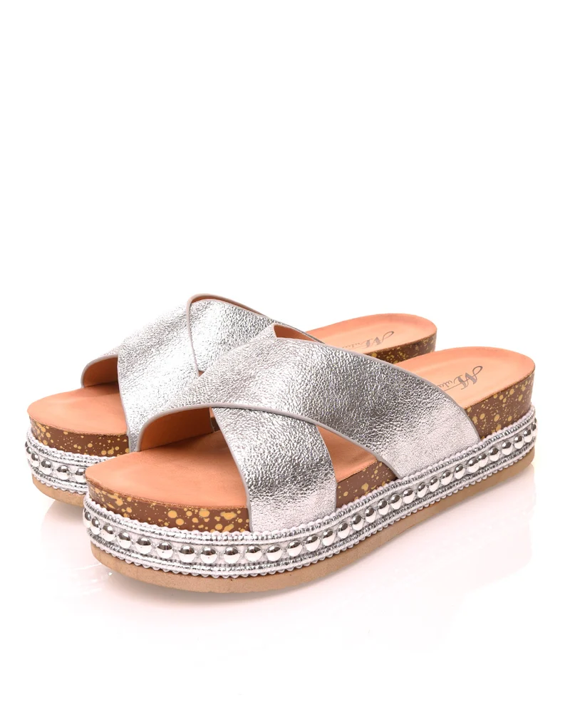 Mules argentées à doubles brides
