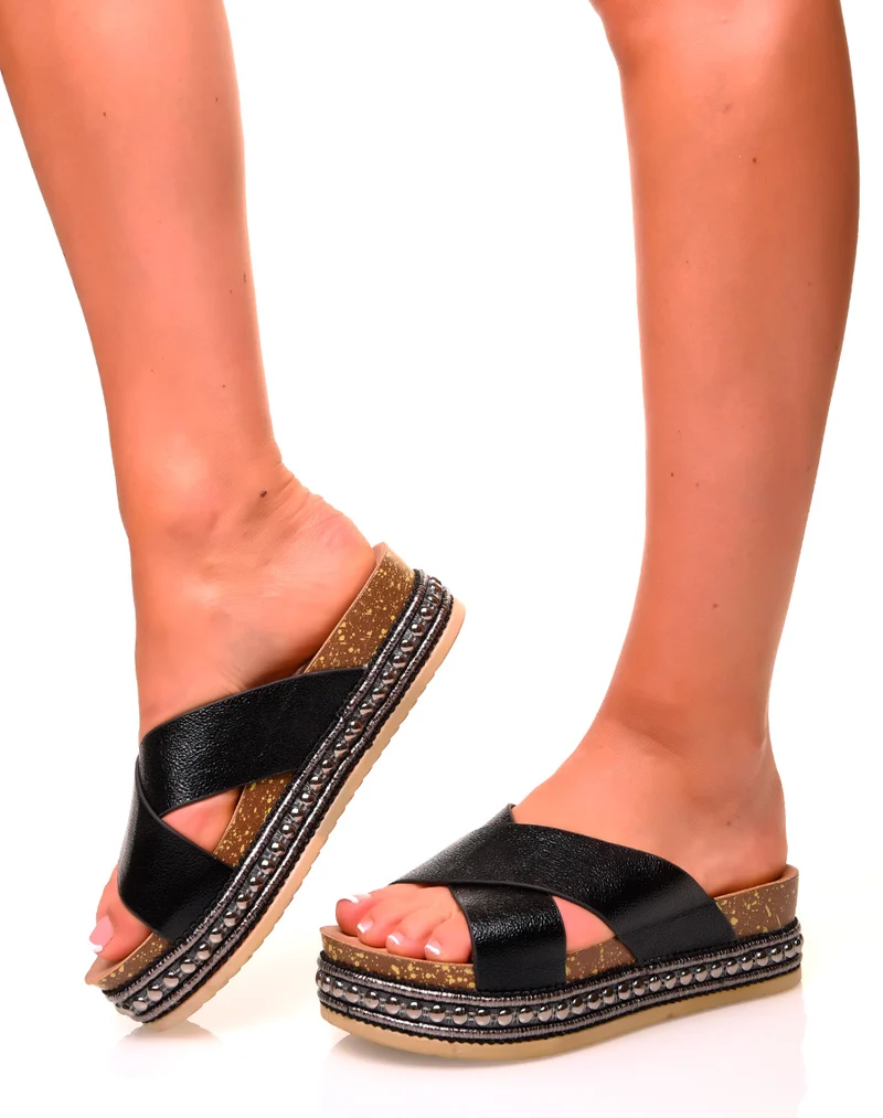 Mules noires à doubles brides