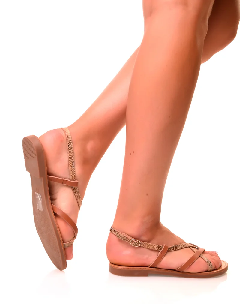 Nu-pieds camel et python à multiples lanières