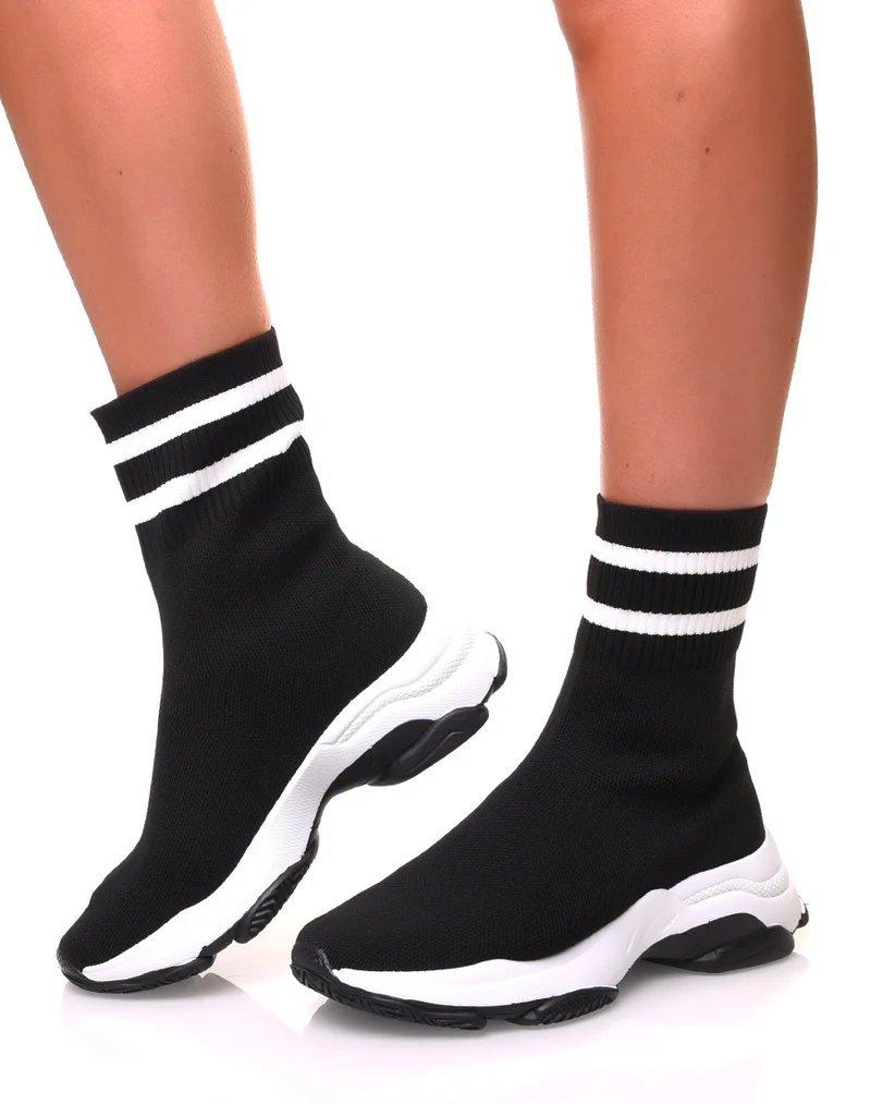 Baskets effet chaussette noires à rayures blanches
