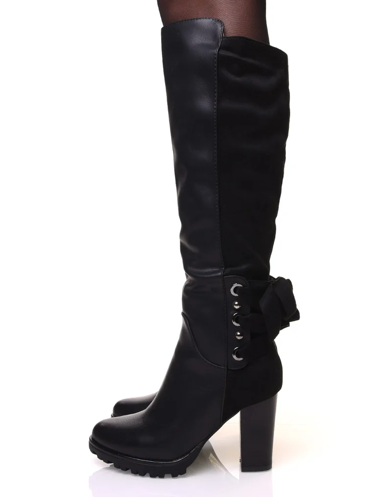 Bottes noires bi-matière à talons et lacets en suédine