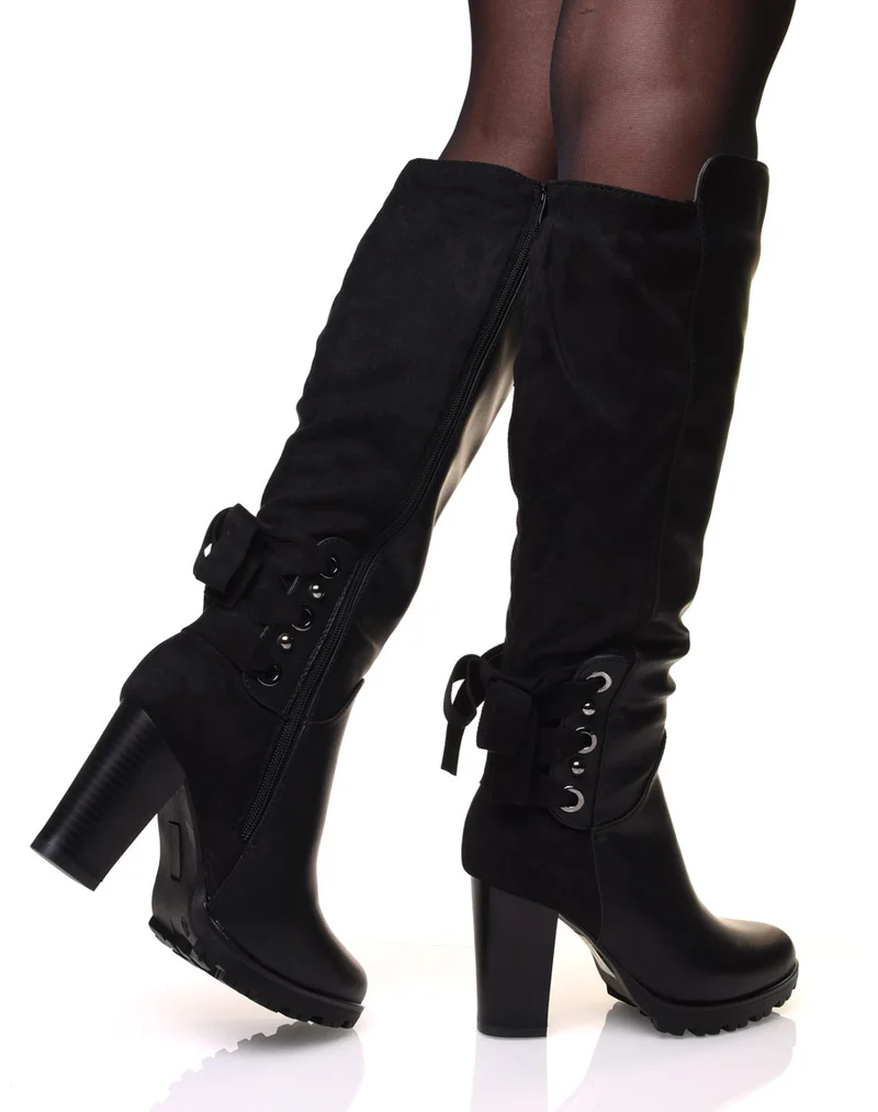Bottes noires bi-matière à talons et lacets en suédine