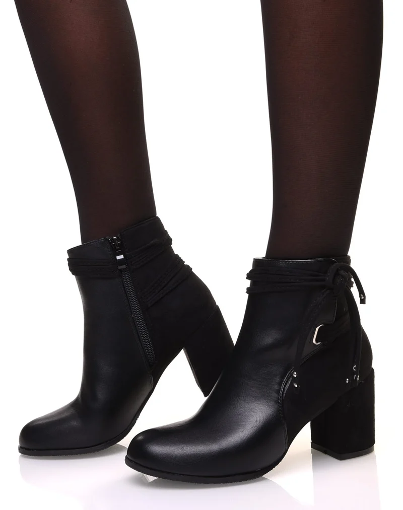 Bottines noires bi-matière à talons et détails liens