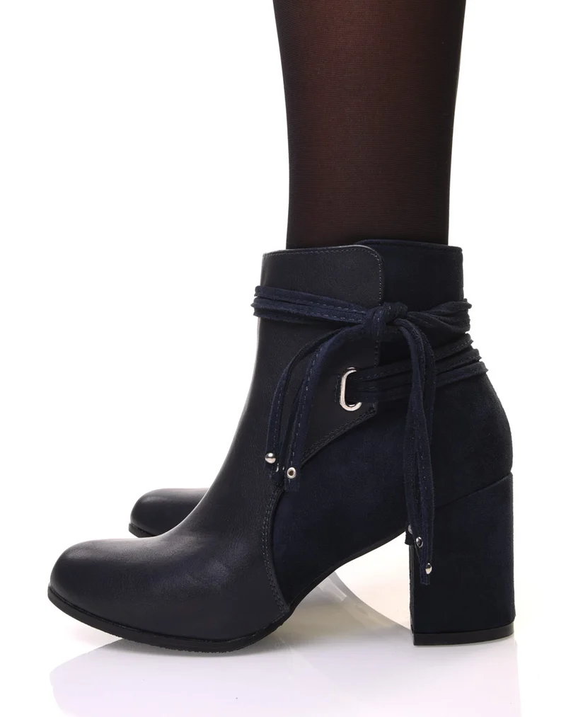 Bottines bleu bi-matière à talons et détails liens
