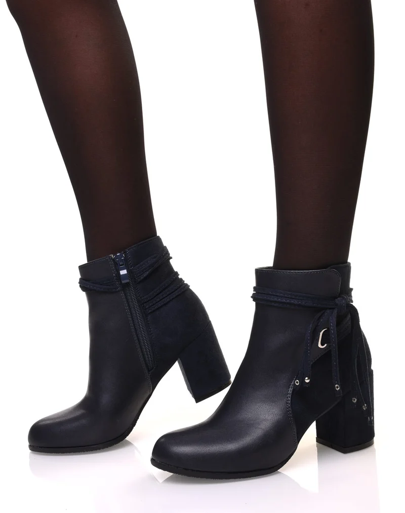 Bottines bleu bi-matière à talons et détails liens