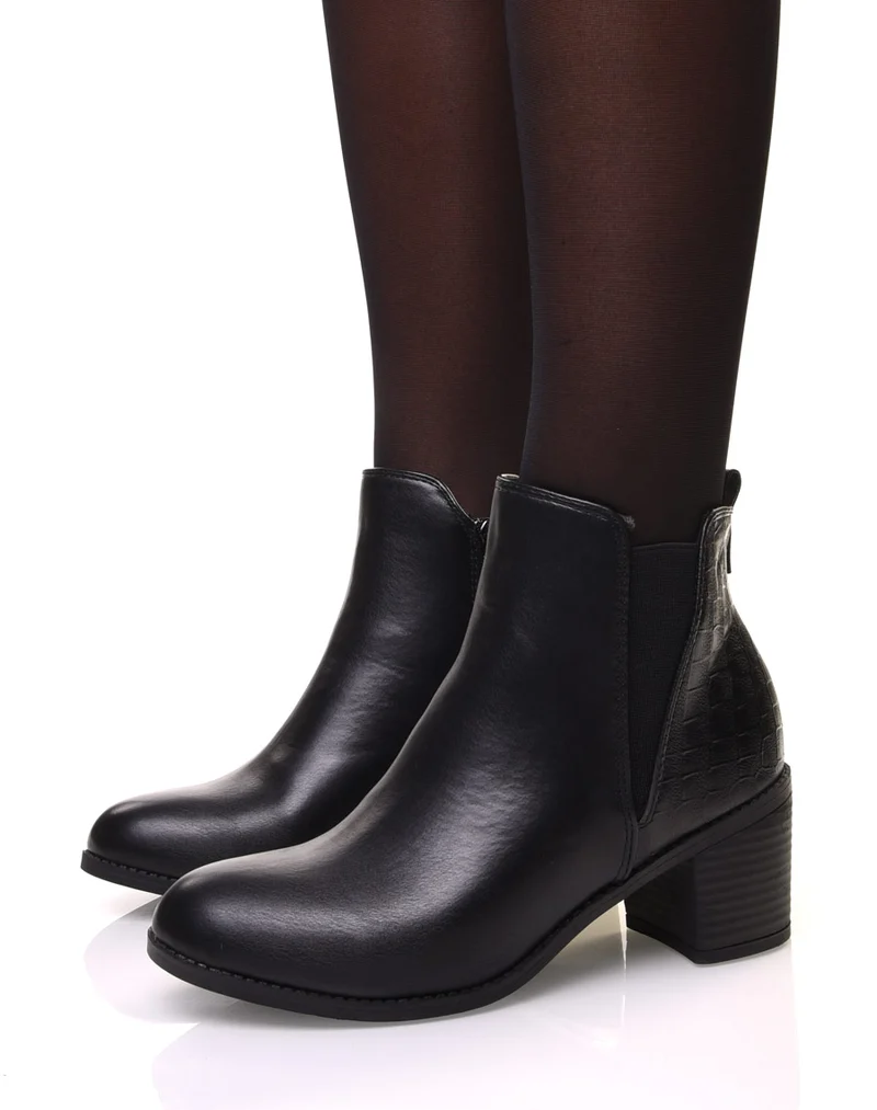 Bottines noires à talons détail imprimé croco