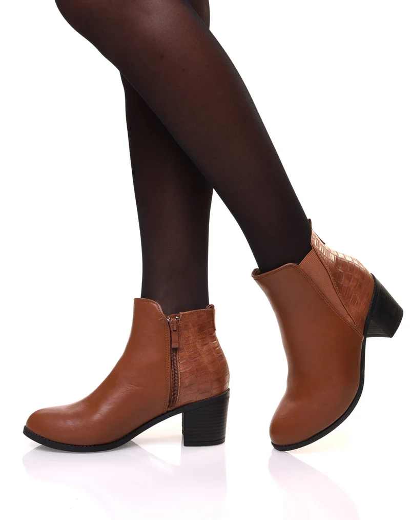 Bottines camelles à talons détail imprimé croco