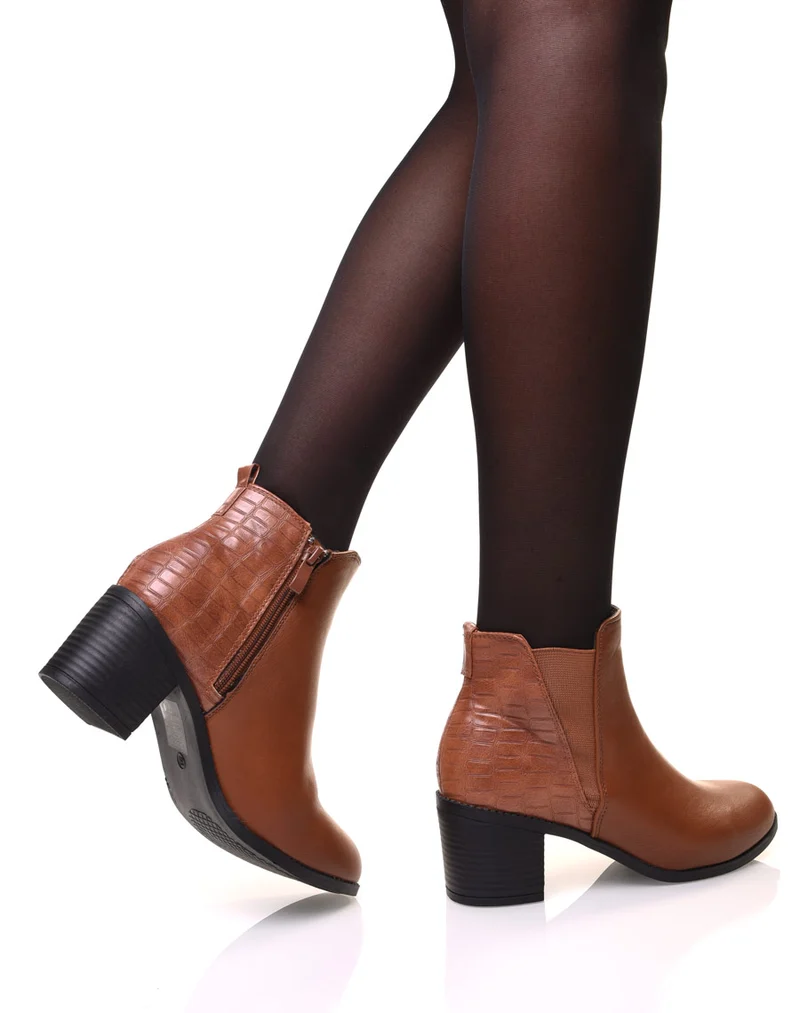 Bottines camelles à talons détail imprimé croco