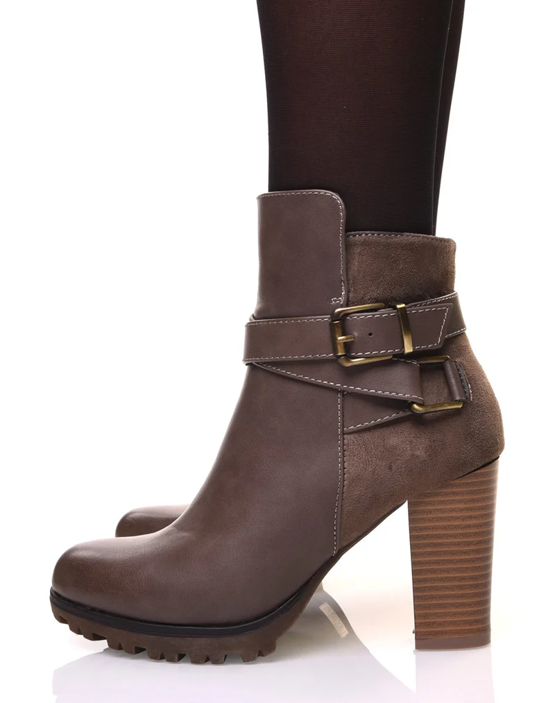 Bottines bi-matière taupe à talon haut