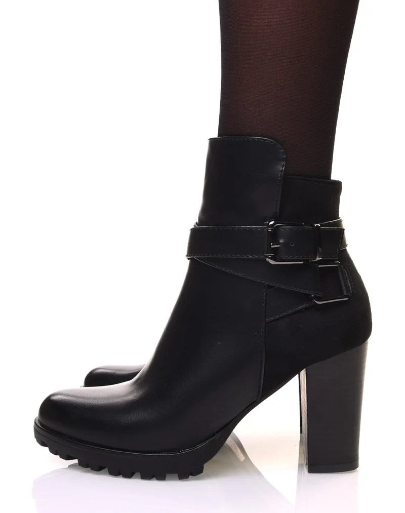 Bottines bi-matière noire à talon haut
