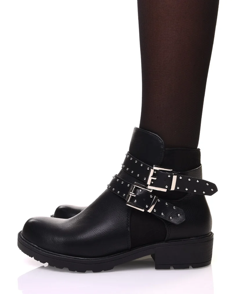 Bottines noires bi-matière à sangle clouté