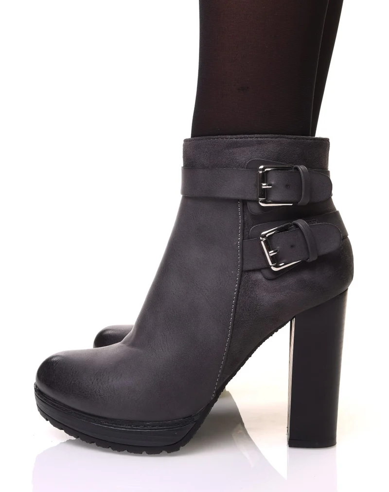 Bottines grise à talons bi-matières