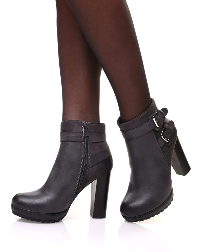 Bottines grise à talons bi-matières