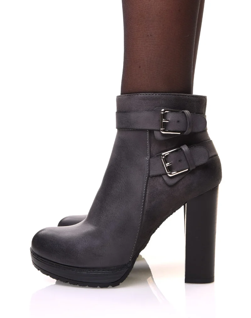 Bottines grise à talons bi-matières
