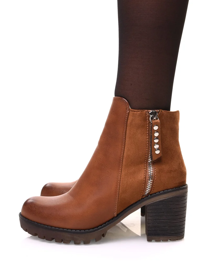 Bottines camelles bi matières à talon mi haut