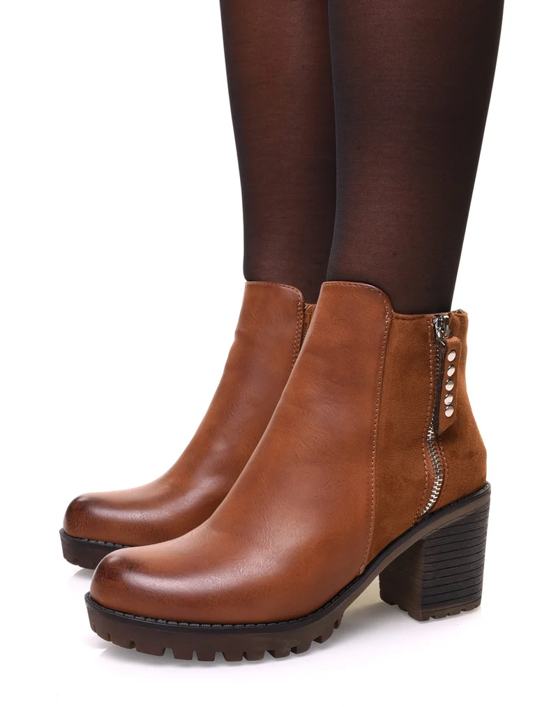 Bottines camelles bi matières à talon mi haut