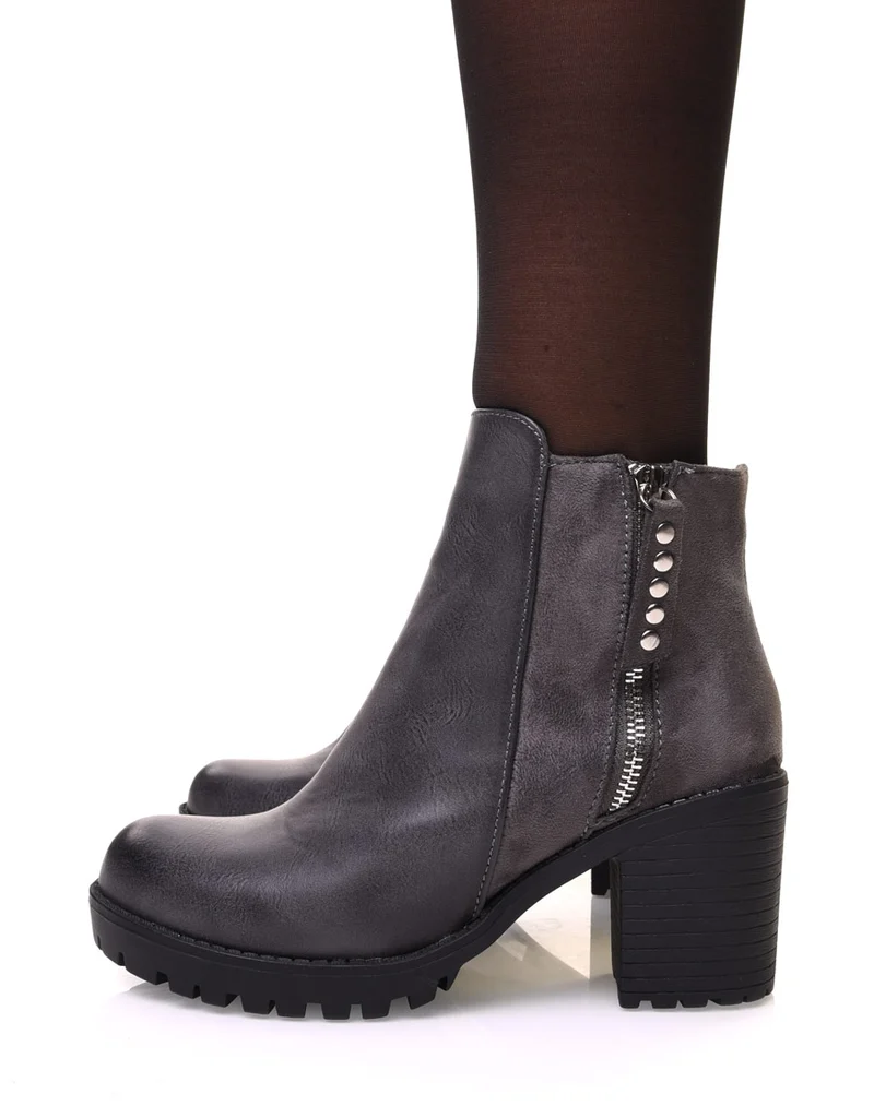 Bottines grises bi matières à talon mi haut